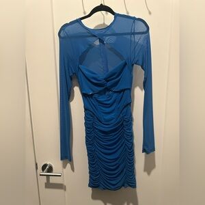 Blue ruched fashion cut out dress. Medium